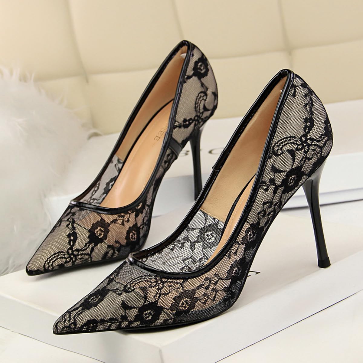 Tacchi Alti da Donna in Pizzo a Rete Sexy, décolleté da 4 Pollici Sandali con Punta Chiusa a Punta, Scarpe da Sposa con Slip on Porm Party