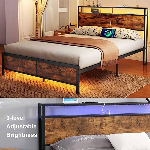 Miniatura 5 de Base de cama Queen con luces LED, 2 puertos USB, cabecera rústica de almacenamiento de 2 niveles, marco de cama de plataforma industrial, cámaras