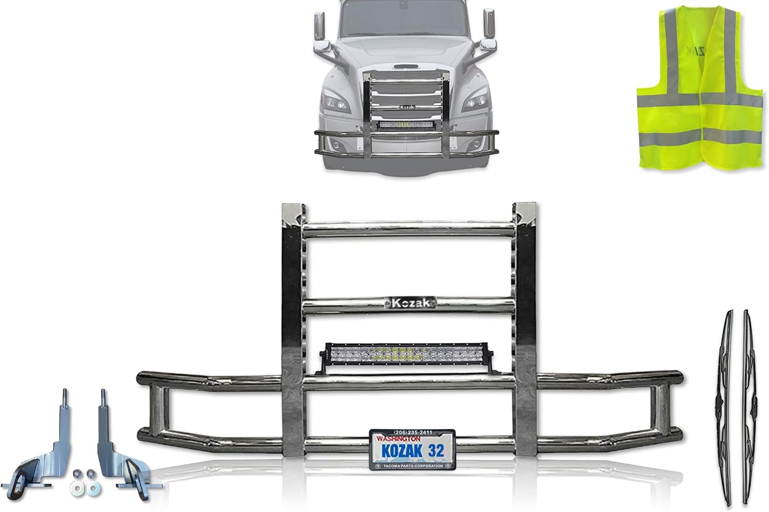 Compatible with Cascadia 2018+ Steel Truck Bumper Guard -Deer Guard 22 inch LED Bar 120W Logo, Wipers, License Plate Holder and Frame, Mounting Brackets and Reflective Vest Included
