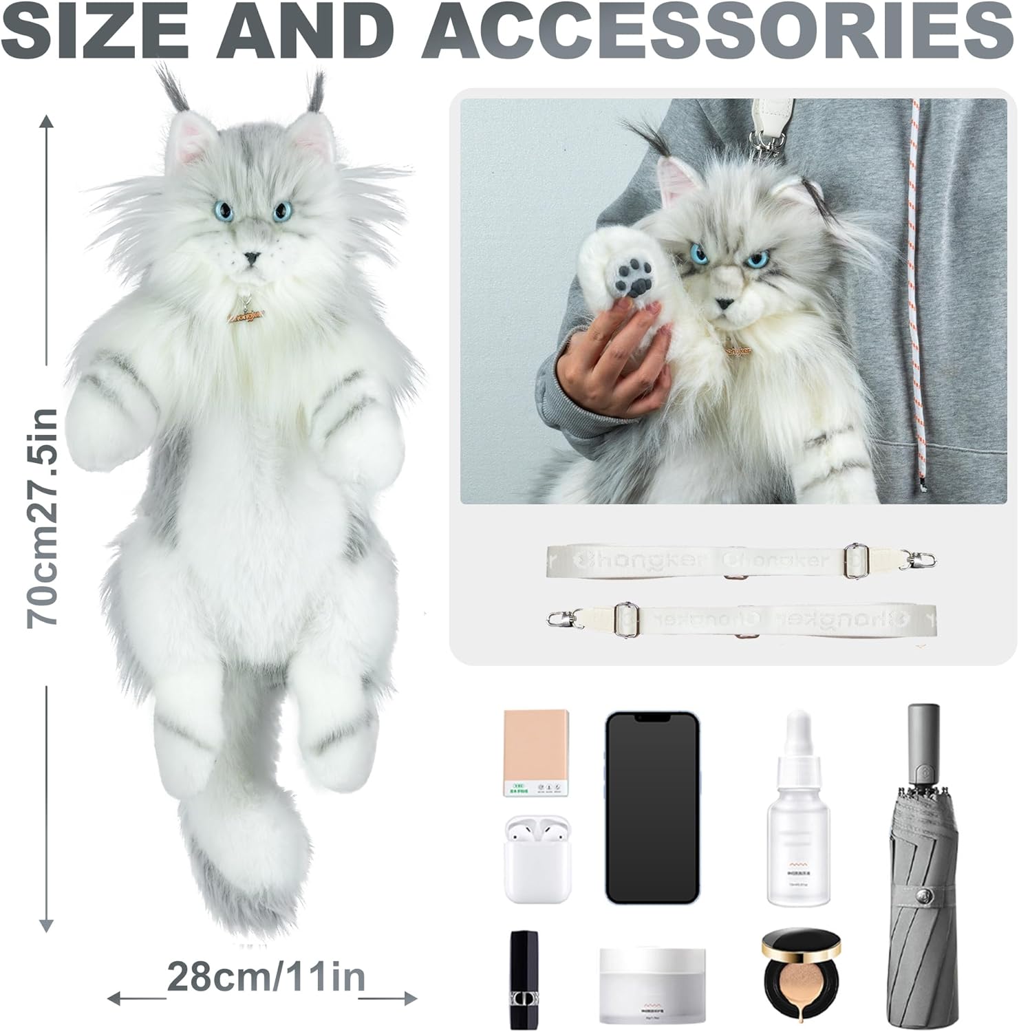 Chongker Cat Shaped Backpack - Handcrafted Stuffed Animals Plush Bag with Adjustable Shoulder, Crossbody, and Handbag Straps