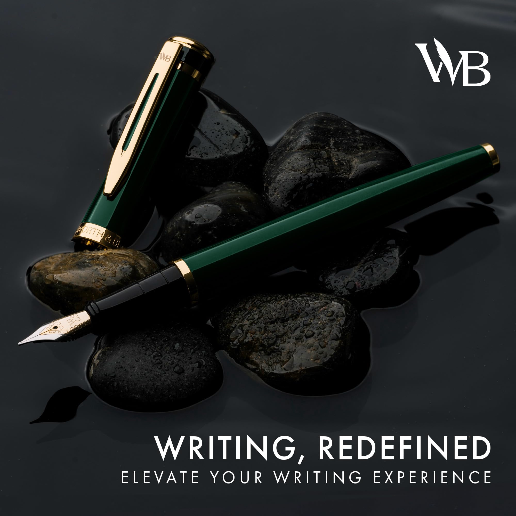 Wordsworth Black Fountain Pen, Racing Green Luxury Medium Nib Set Includes 24 Ink Cartridges (Black & Blue) - Image 2