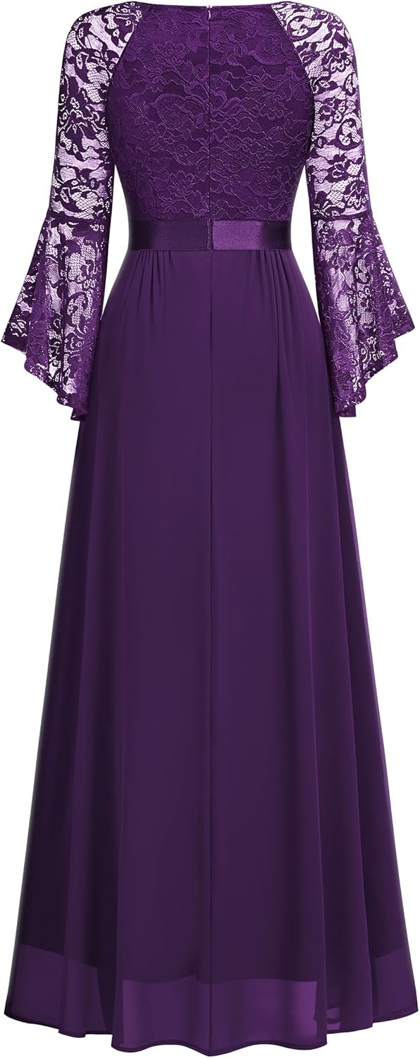 MISSMAY Women's Formal Lace Chiffon Bell Sleeve Wedding Party Long Dress - Image 4