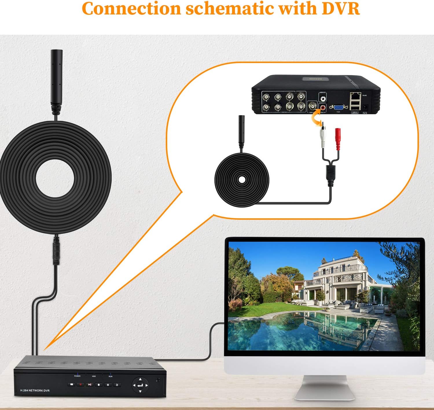 Dericam High Security Camera Microphone for CCTV/IP Camera/DVR/NVR, 60ft Cable,with Power Splitter,Mini CCTV Audio Pickup Mic, External Camera Sound, No Power Supply Included, AP1-2B, Black