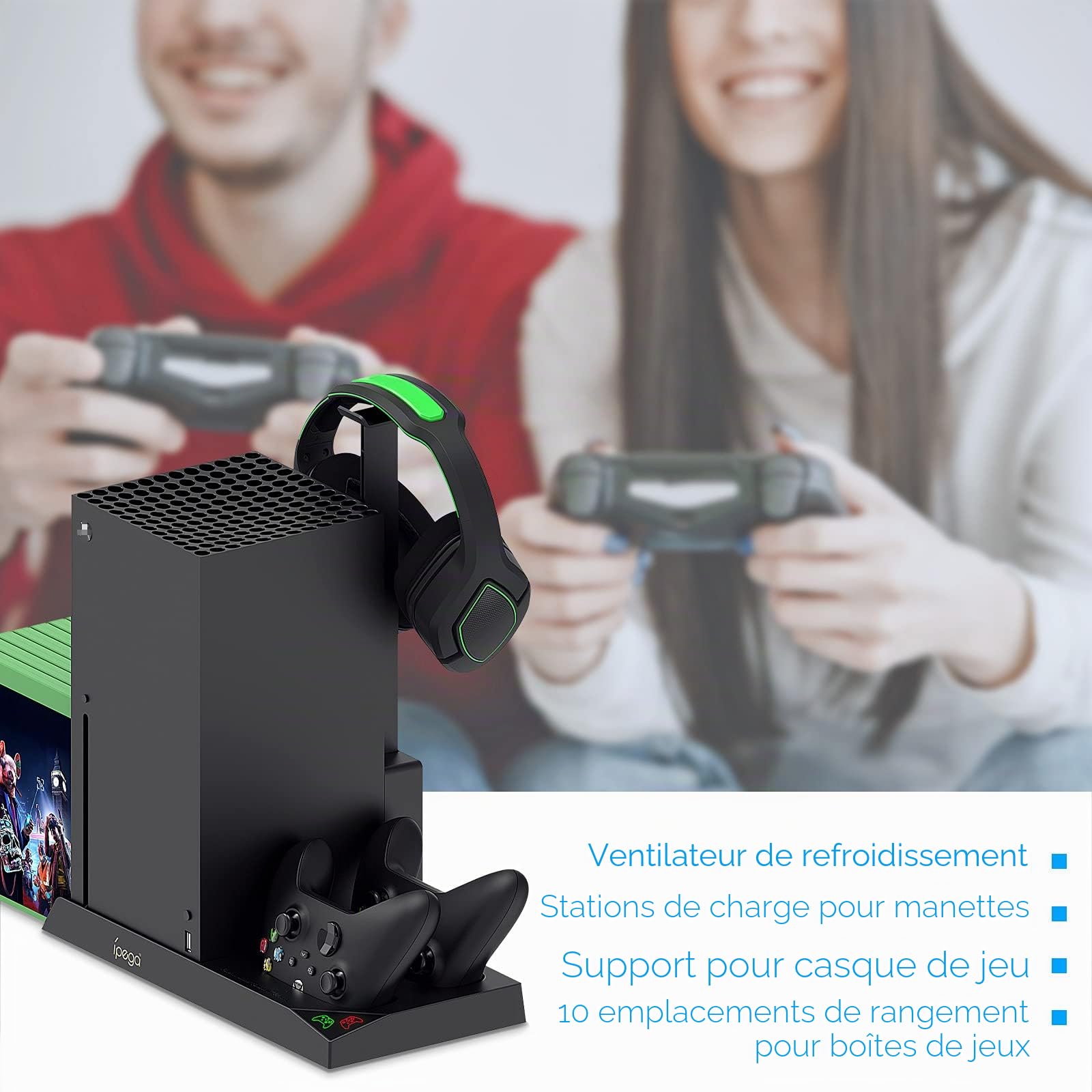Support Compatible avec Xbox Series X, Ventilateur de Refroidissement avec Dual Controller Chargeur Station avec Batteries Rechargeables 2x1400mAh, Support D'écouteurs pour Série X