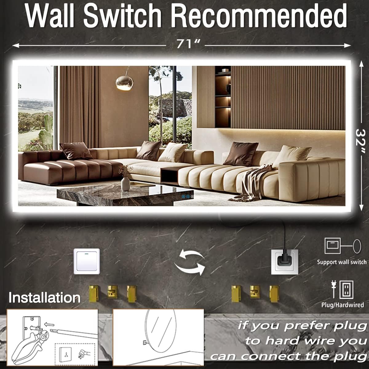 32 x 72 Inch Backlit Bathroom LED Mirror for Bathroom Wall Mounted 72 Inch Large Lighted Vanity Mirror with Lights 3 Color Dimmable Backlits Anti-Fog Large 72" LED Light up Smart Mirrors