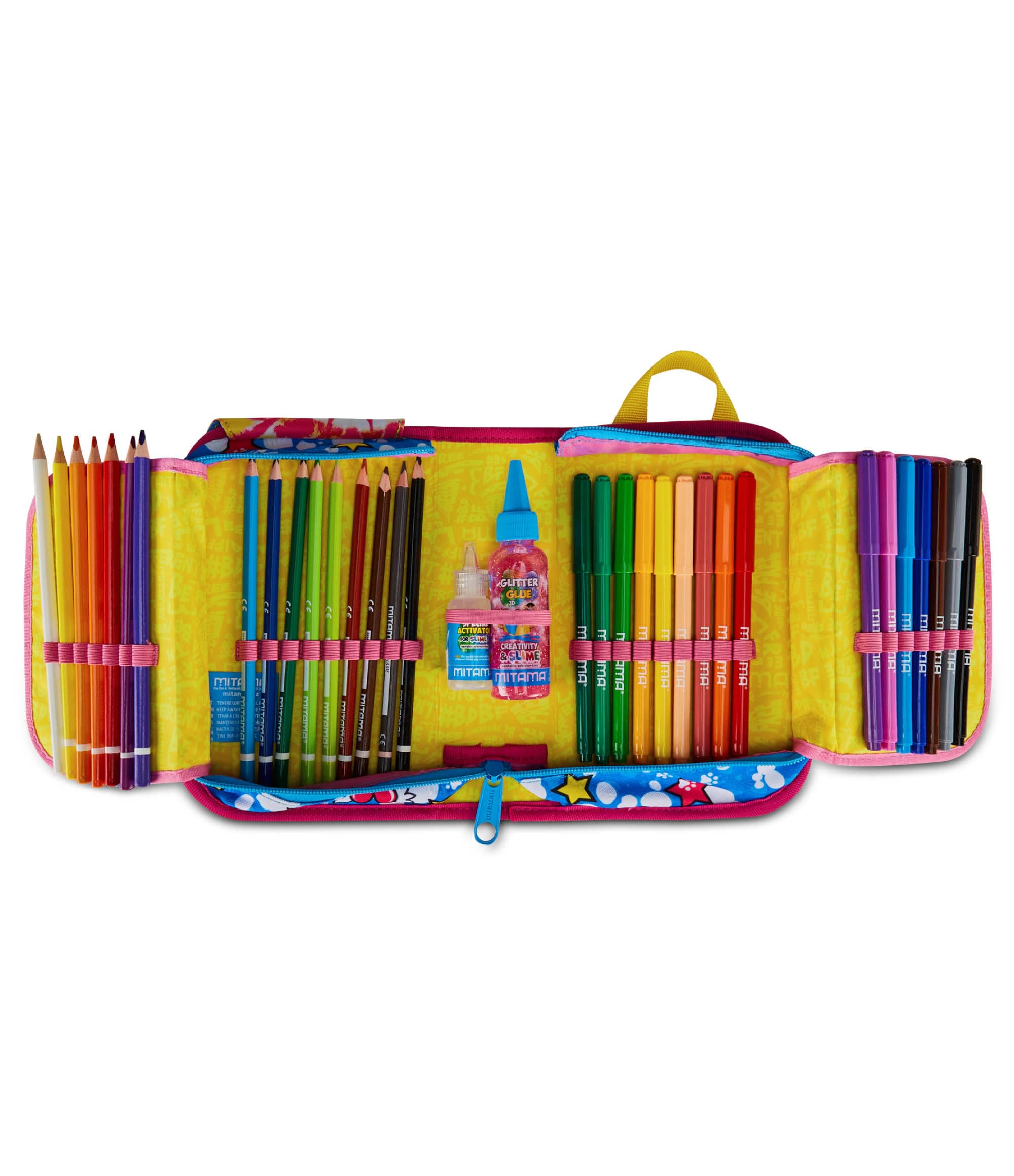 Mitama Astuccio Scuola 4 Zip, Fucsia, Portapenne Triplo Scomparto Completo Di Penne, Matite, Colori, Accessori Zaino, Scuola Elementare, Bambina