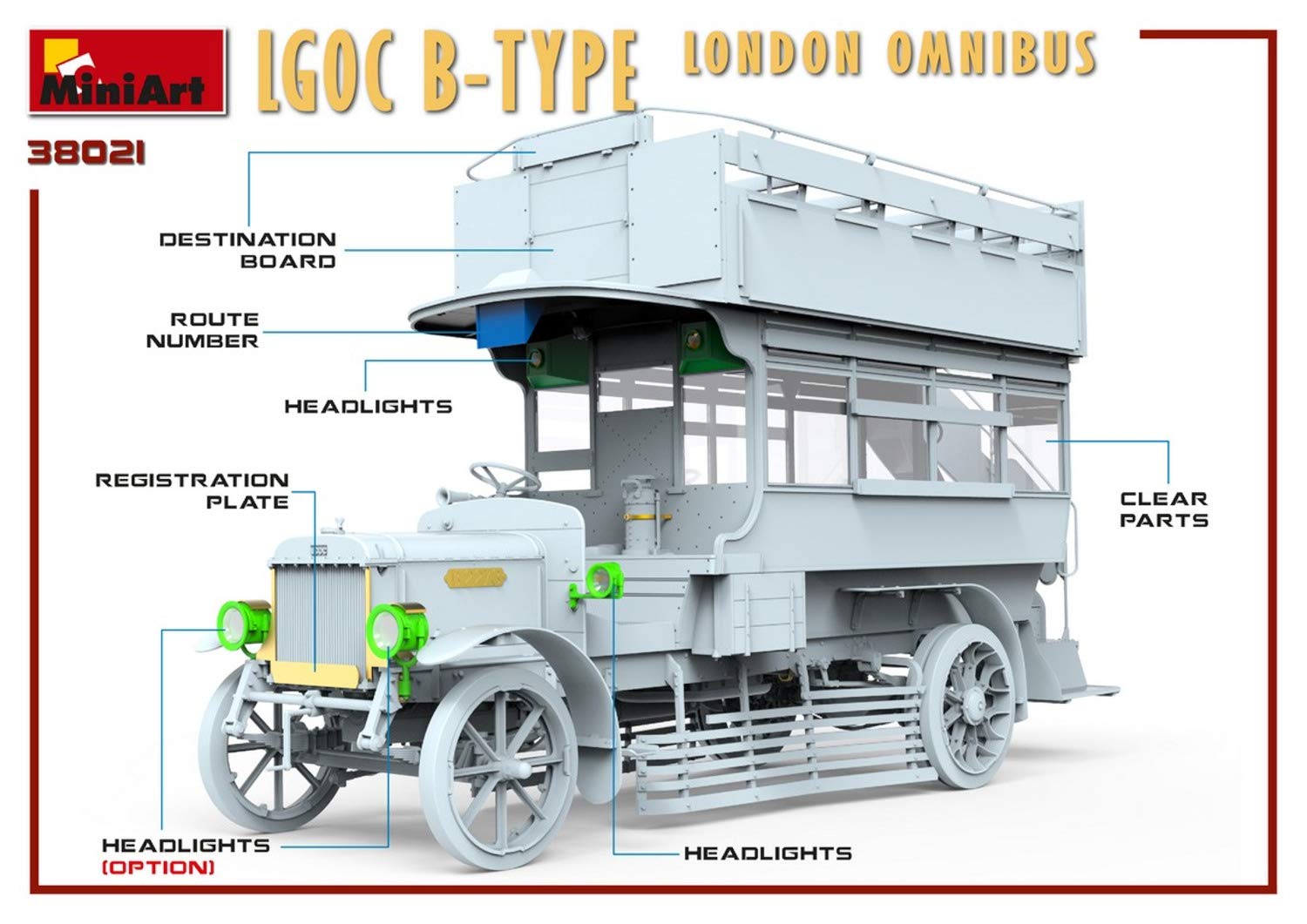 MiniArt 38021 1:35 London Omnibus LGOC Type B - Réplica original, modelismo, kit de plástico, manualidades, aficiones, pegado, kit de modelos, montaje, sin pintar