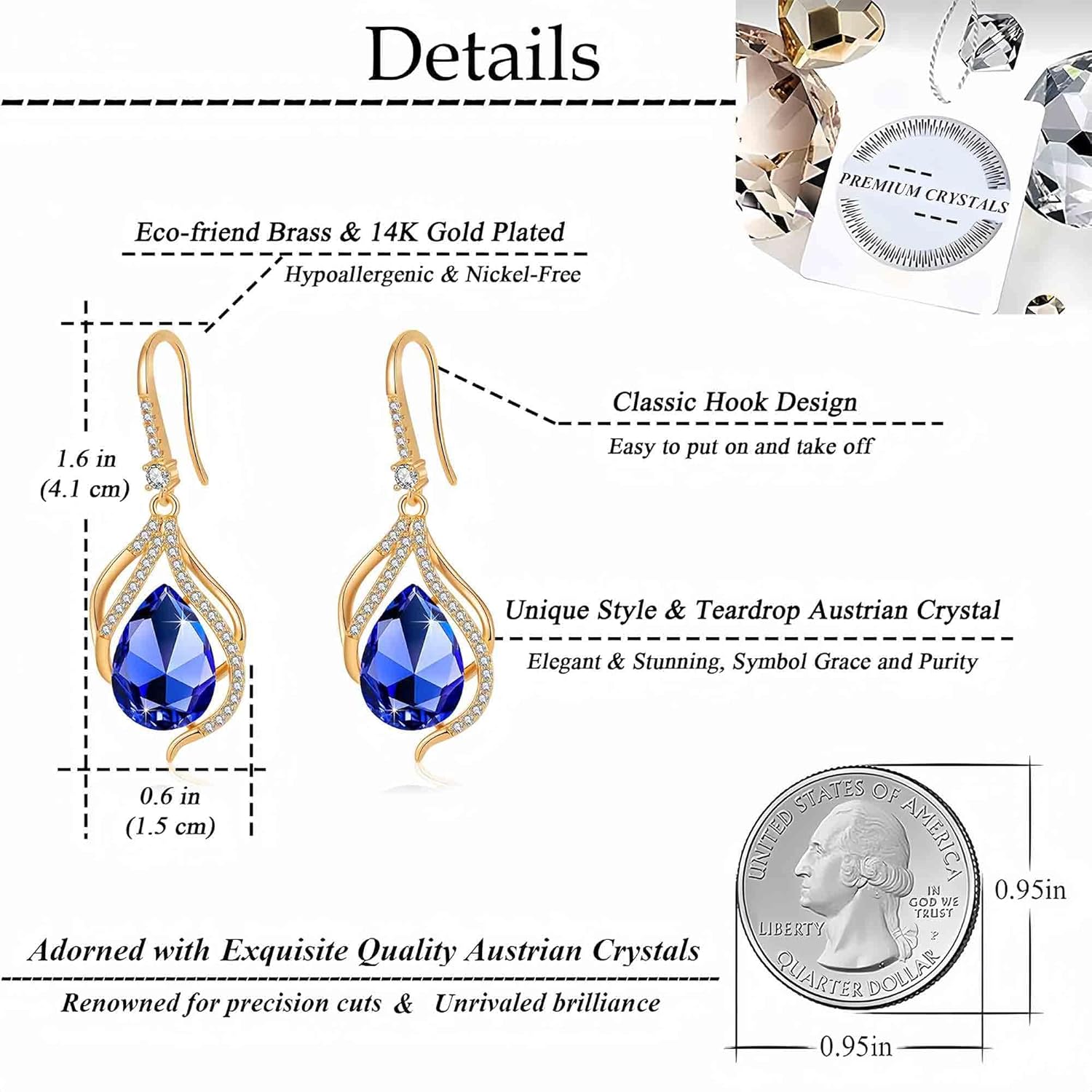 Austrian Crystal Hollow Teardrop Halo Drop Twisted Dangle Earrings for Women 14K Rose Gold Plated Hypoallergenic Jewelry - Image 4