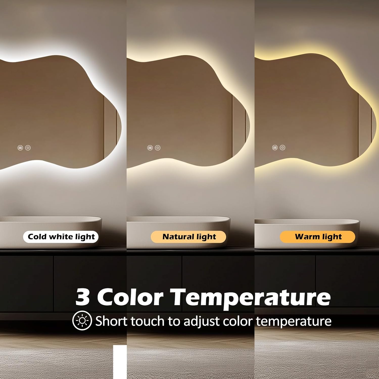 LED Bathroom Mirror with Lights 22x36, Stepless Dimmable Irregular Backlit Mirror with 3 Colors, Anti-Fog, Memory, Al-Alloy Lampshade, Frameless Smart Mirror for Bathroom (Horizontal/Vertical)