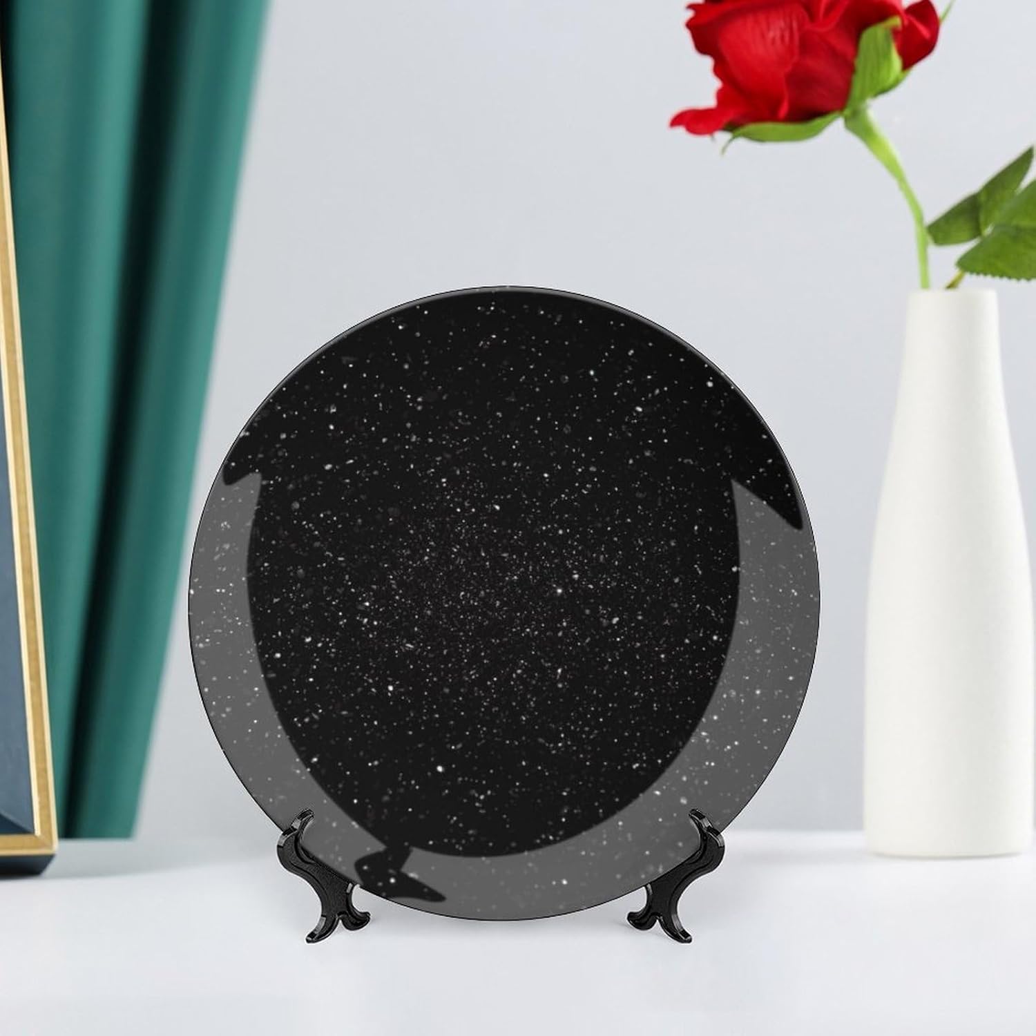 Black Glitter Bone China Decorative Plate with Display Stand, Ceramic Ornaments Plate for Wall Hanging, Personalized Porcelain Plates for Office, Living Room 8inch
