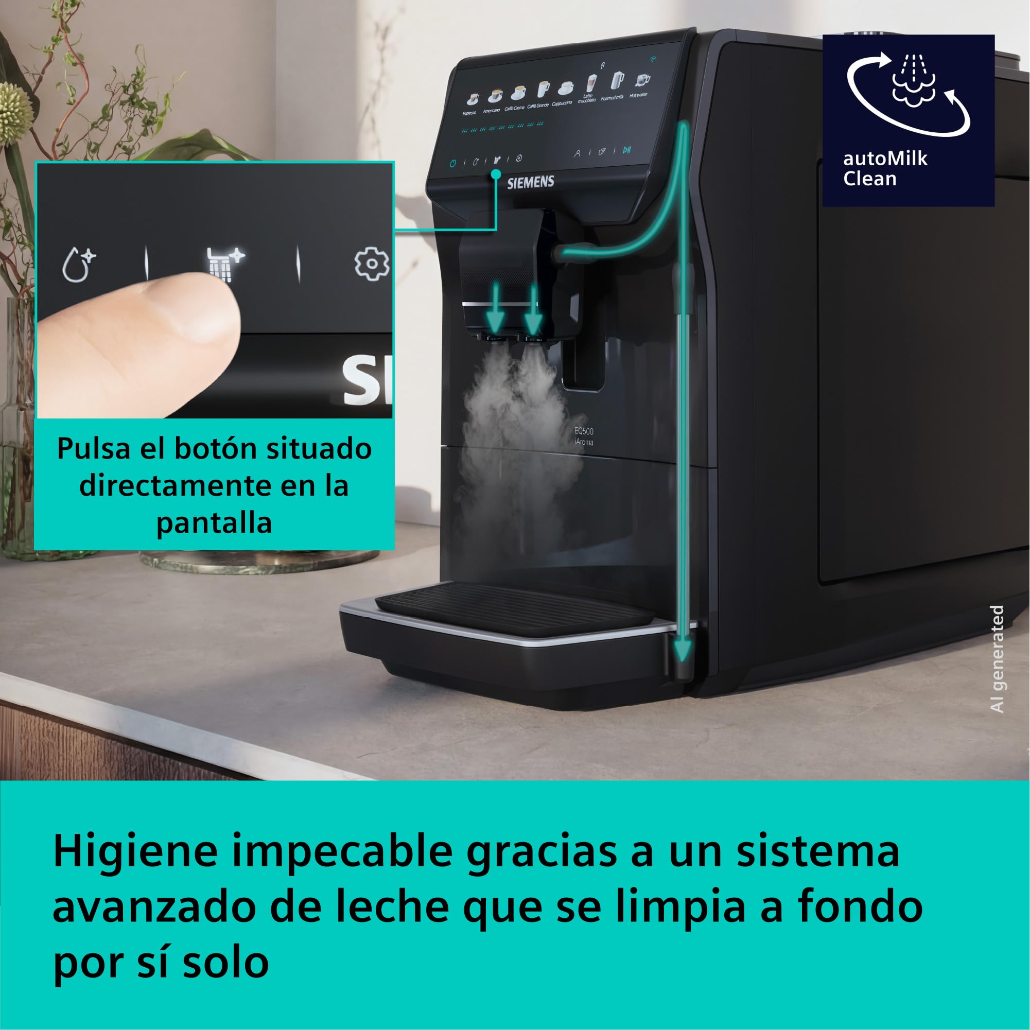 SIEMENS, Cafetera superautomática EQ500 iAroma, tactil, Negro, TP553E19 | Prepara dos tazas a la vez, personaliza tu bebida favorita con un toque y controla todo desde el móvil. Limpieza fácil.