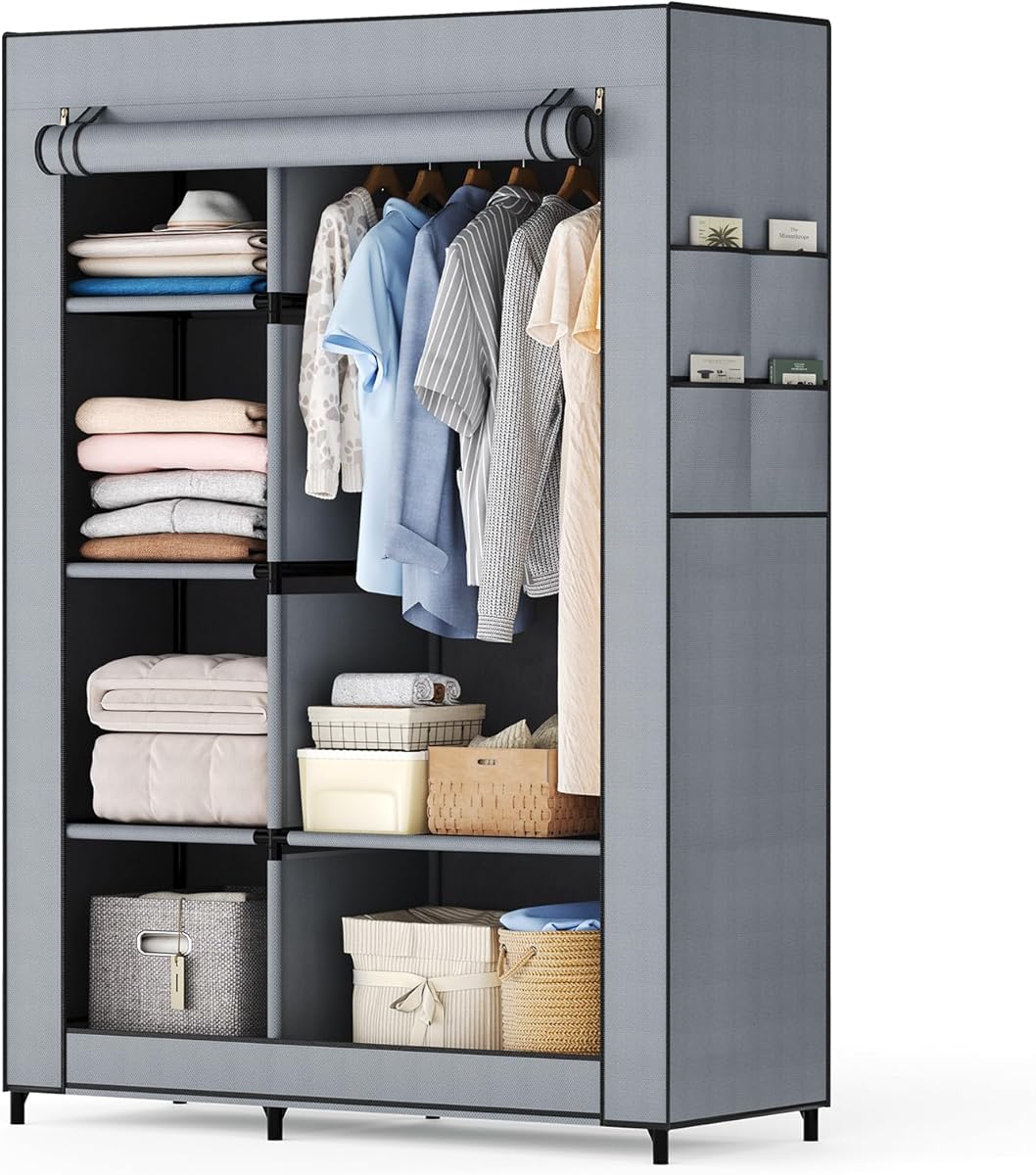 DUMOS Portable Wardrobe Closet with Cover, Freestanding Portable Garment Rack, Portable Closet Wardrobe for Clothes Storage, Clothes Organizer for Bedroom, Dorm, Apartment, Gray.