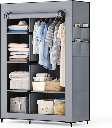 DUMOS Portable Wardrobe Closet with Cover, Freestanding Portable Garment Rack, Portable Closet Wardrobe for Clothes Storage, Clothes Organizer for Bedroom, Dorm, Apartment, Gray.