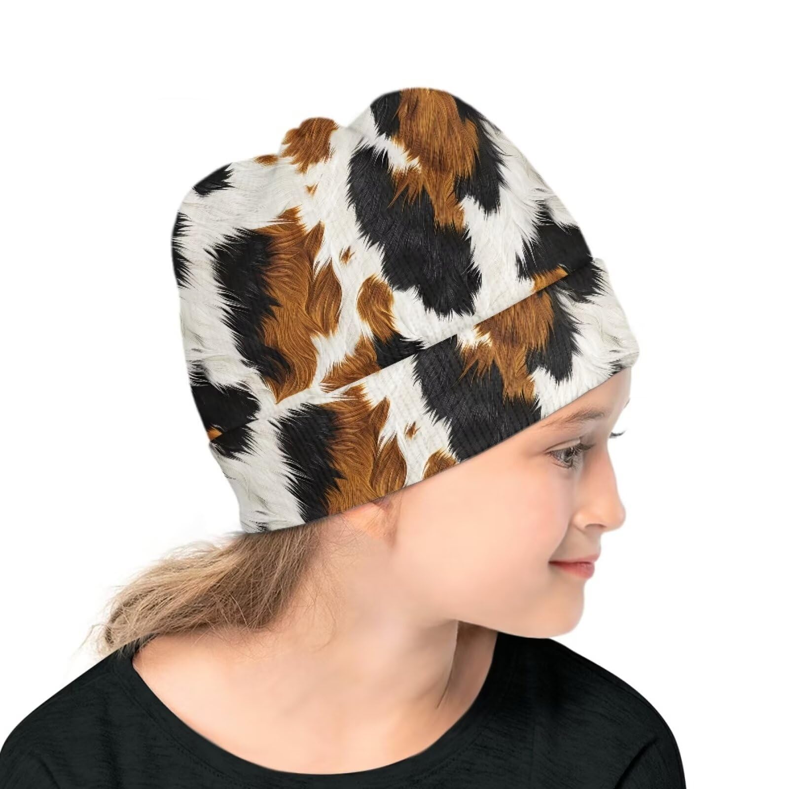 Suhoaziia Brown & Black Cow Print Baby Beanie Toddler Winter Hat Boys Girls Knit Warm Beanies Kids Fashion Ski Hats Thick Knitted Cap Slouchy Beanies Hats