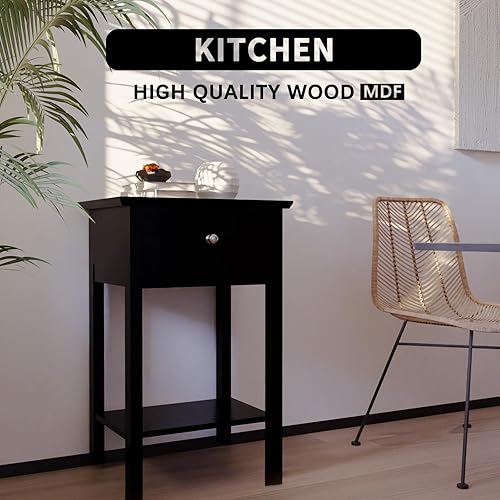 Miniatura 5 de Mesa auxiliar pequeña para dormitorio con cajón y 2 estantes, mesita de noche negra, mesas de noche estrechas, sala de estar con almacenamiento para