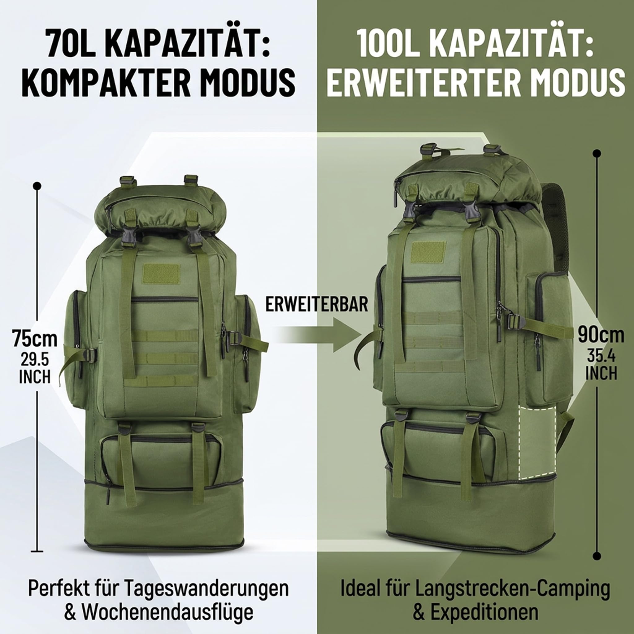 Zaino da trekking e escursionismo da 100 l, grande, per campeggio, viaggi e avventure, ergonomico, impermeabile, robusto, nero e verde militare