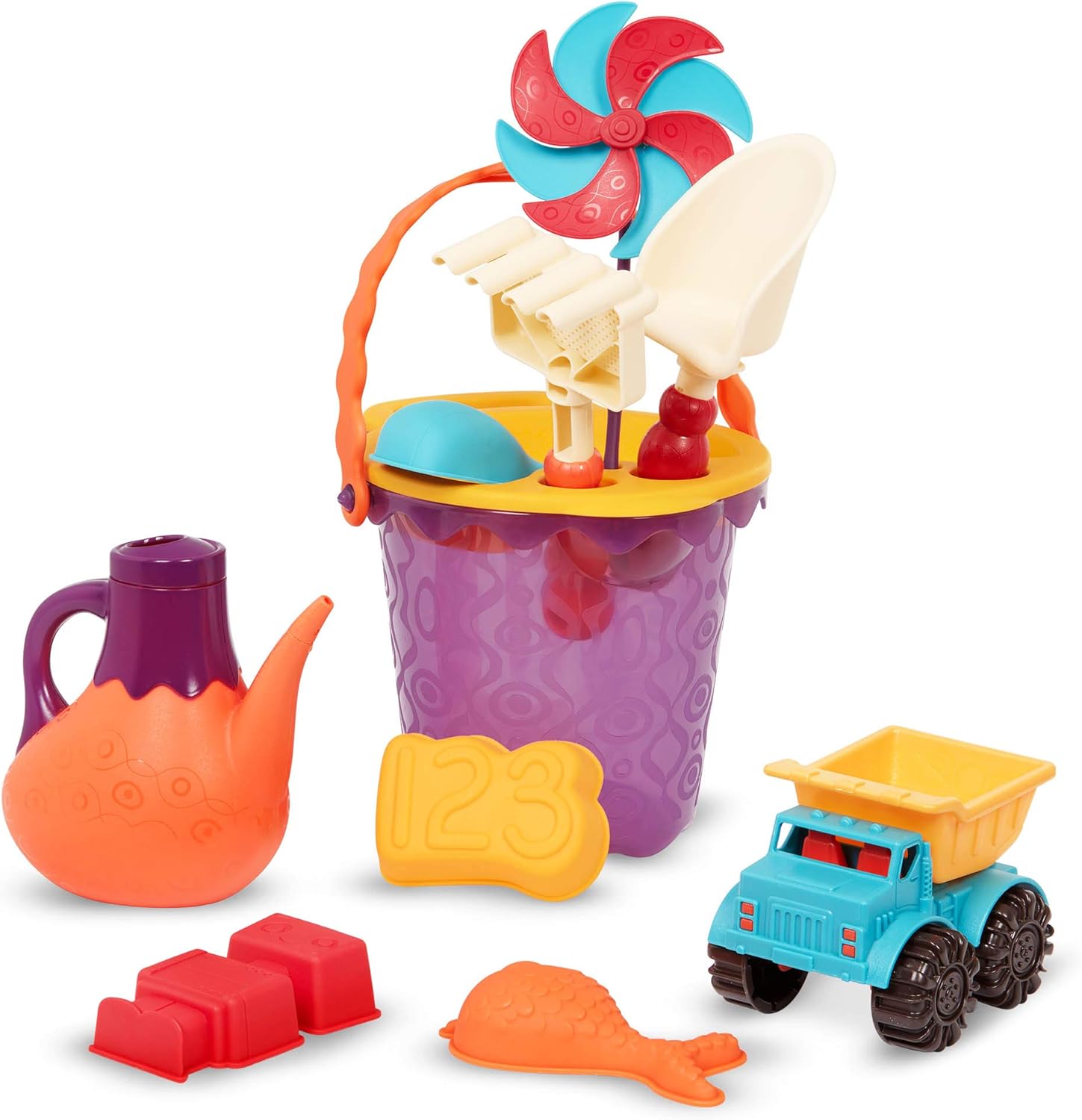 B. toys – B. Ready Beach Bag – Beach Tote with Mesh Panel and 11 Funky Sand Toys – Phthalates and BPA Free – 18 m+, Purple Bucket : Toys & Games