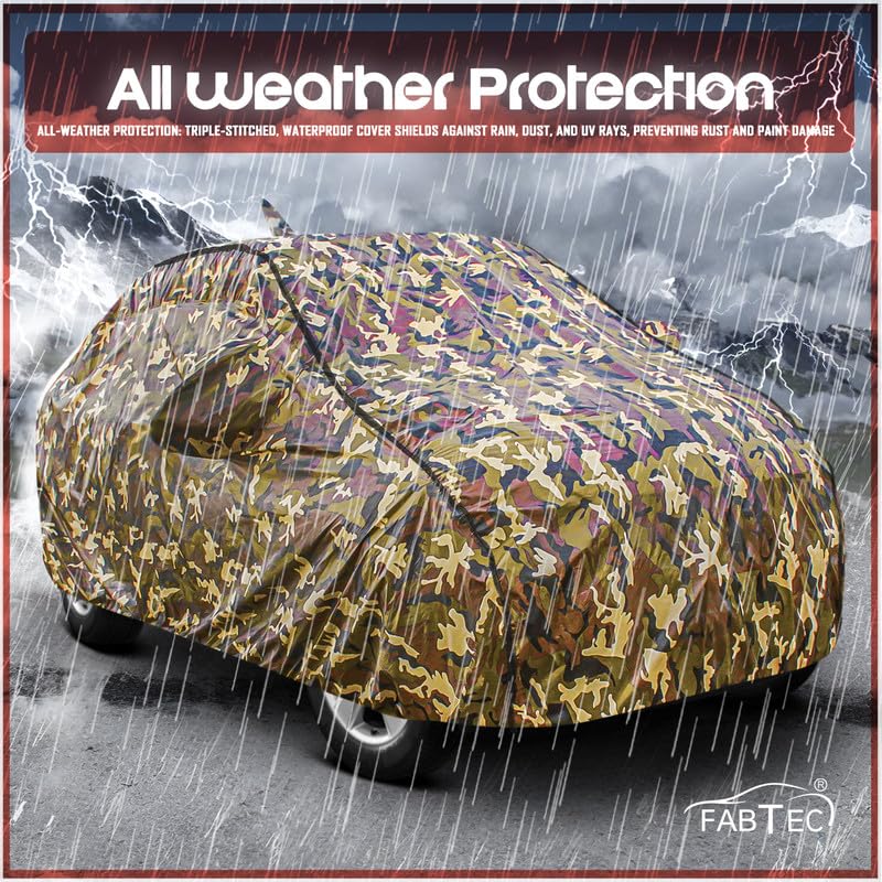 Image of FABTEC Car Body Cover for Honda Amaze Jungle Print with Soft Cotton Lining Waterproof Car Cover UV & Rain Protection with Mirror Pocket Bottom Elastic (Military /Camouflage Pattern)