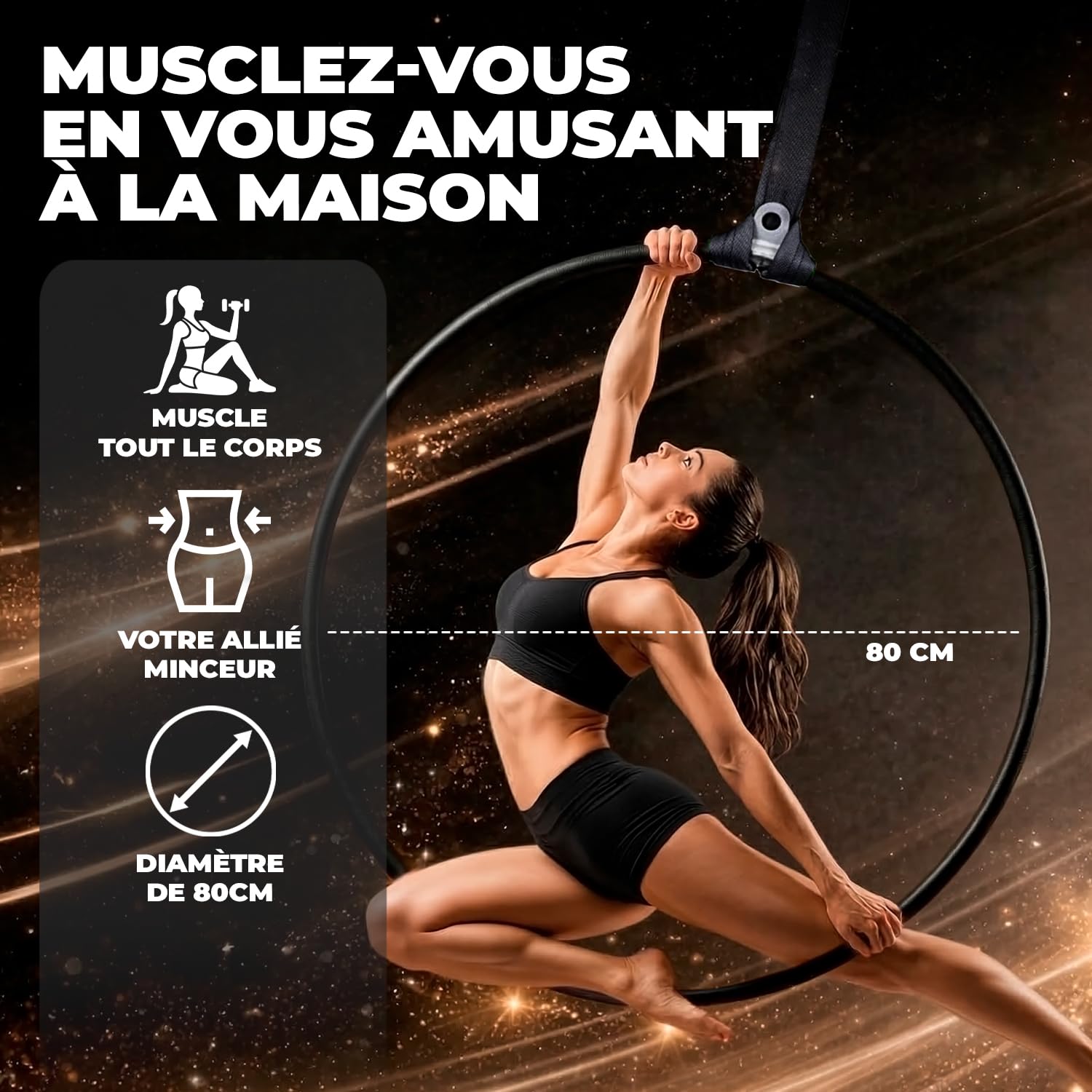 Cerceau Aérien 80 cm Kit Complet pour Yoga Aérien - Original Corner® | Kit Aero Hoop 80 cm avec sac et accessoires. Idéal pour la danse aérienne, le yoga aérien et le fitness.