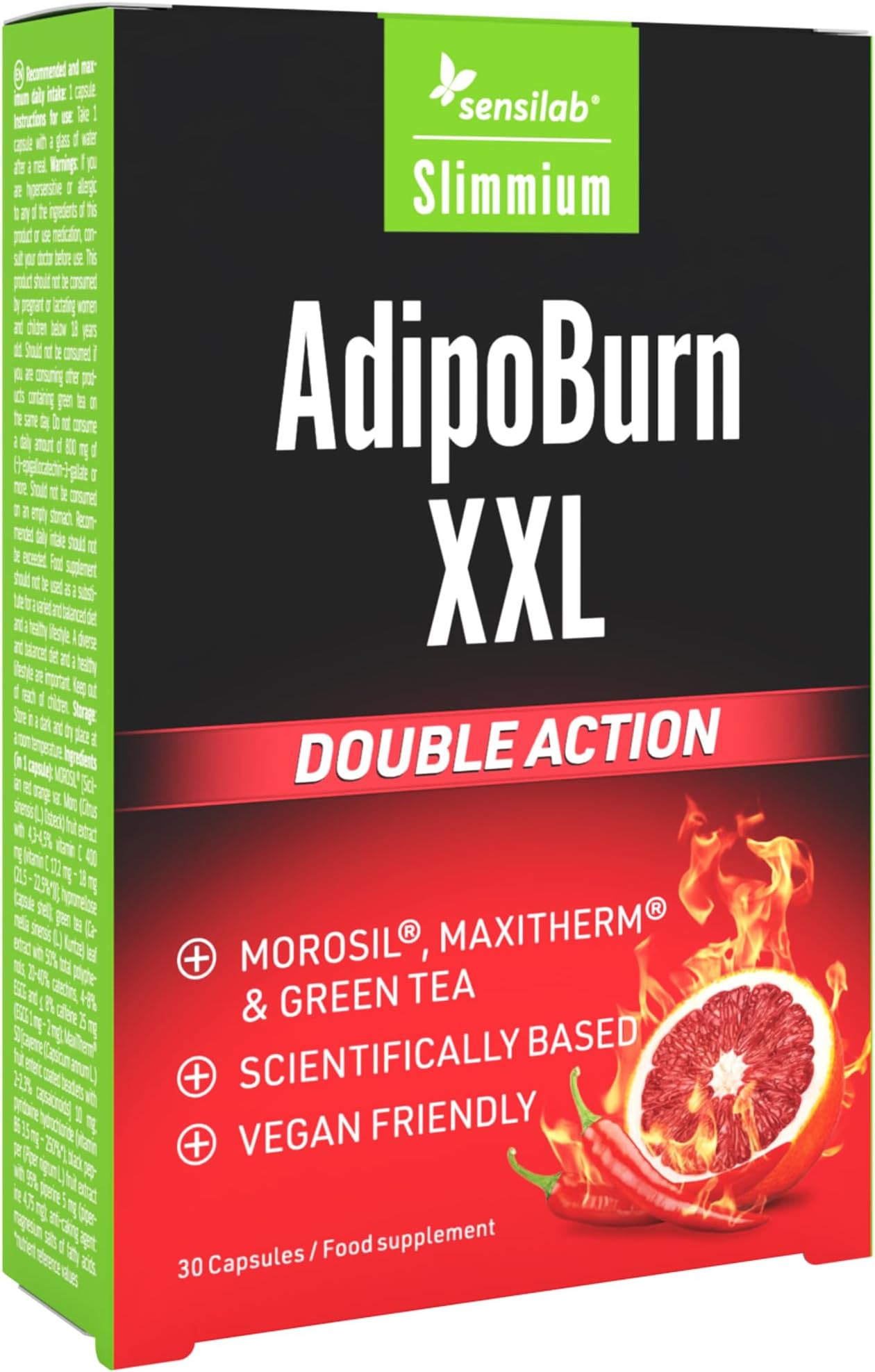 Morosil, Green Tea, Vitamin C, Vitamin B6, Cayenne Pepper and Caffeine - 30 Capsules for 30 Days - AdipoBurn XXL - Sensilab