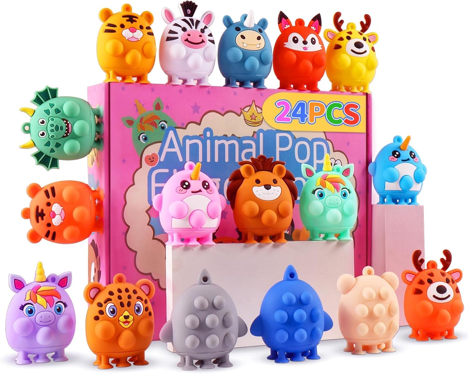 ChildFun 24 PCS Party Favors for Kids, Silicone Animal Pop Fidget Toys with Suction, Birthday Gifts for Boy Girls, Treasure Box Toys, Goodie Bag Stuffers, Prizes for Kids
