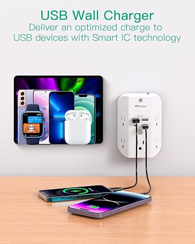 Miniatura 4 de Extensor de salida protector de sobretensiones, con luz nocturna, divisor de 5 salidas y 4 puertos USB (2 cargadores USB C), enchufes múltiples para