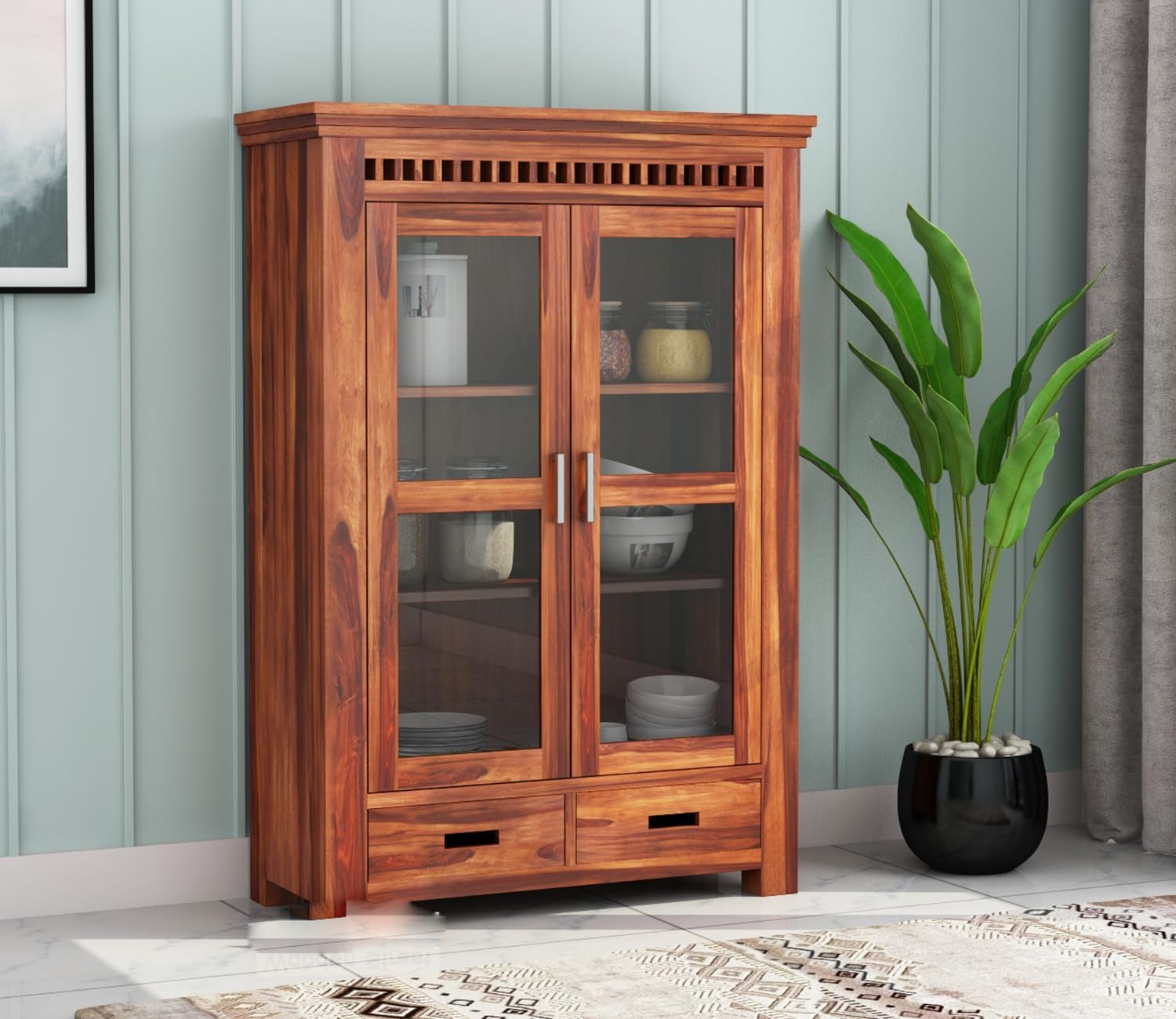 Credenza Solid Sheesham Wood Crockery Cabinet with Glass Doors, Wooden Kitchen Storage Cabinet with Drawers, Display Cabinet for Living Room Dining Room, Cupboard Organizer Furniture, Honey Finish-image-15
