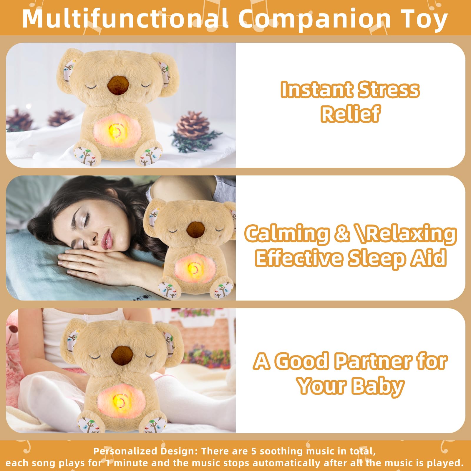 Niaetuto Koala Rilassante,Lontra Che Respira,Peluche Che Respira Con 5 Musica,Suoni,Luci e Movimento Respiratorio,Peluche Koala Calmante per Bambini Compagno Di Sonno,Ideale Regalo Neonato
