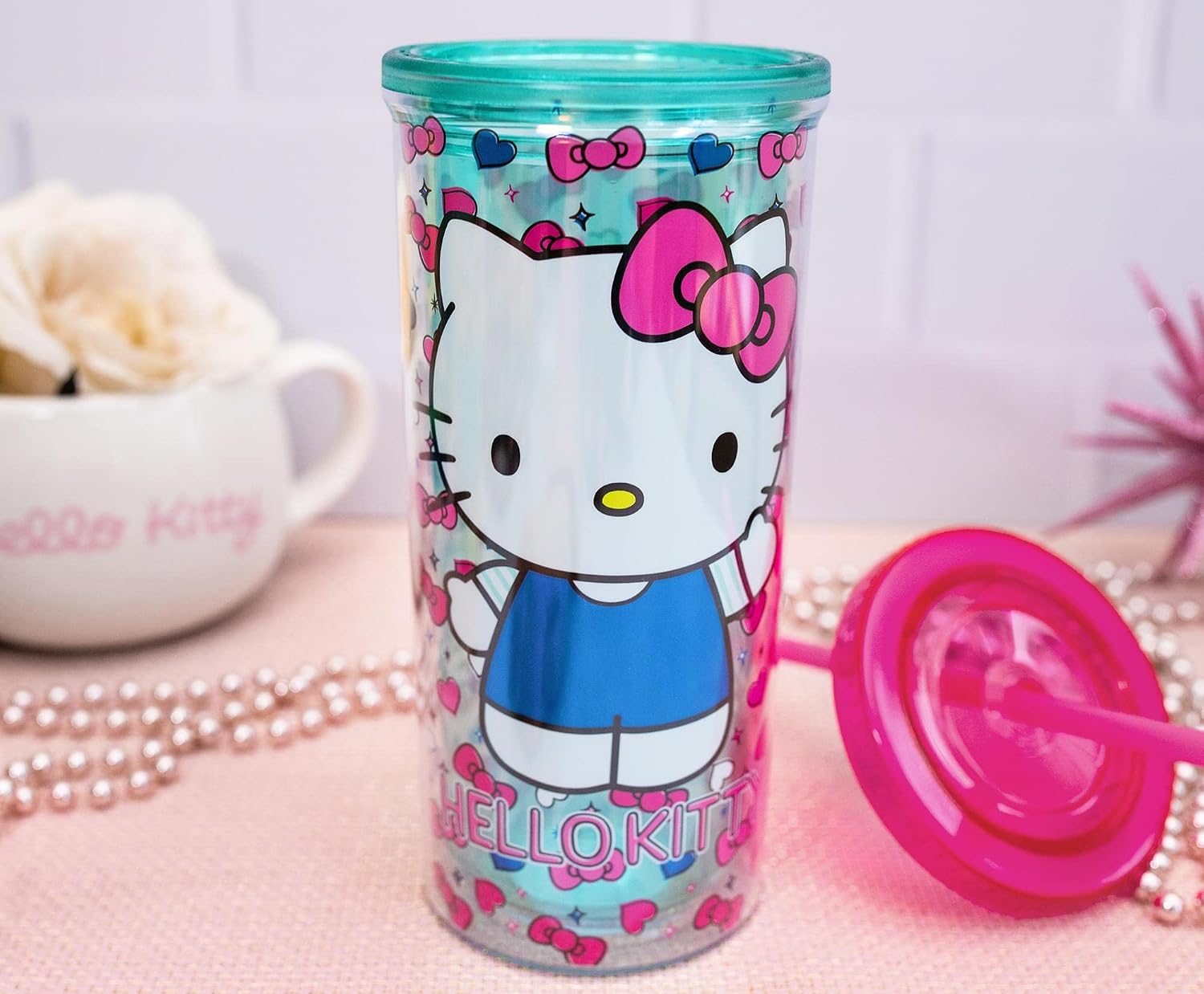 Sanrio Hello Kitty Bows and Hearts Carnival Cup with Reusable Straw and Leakproof Lid | Plastic Cold Cup for Boba Milk Tea Beverages, Home & Kitchen Essentials | Cute Kawaii Gifts | Holds 20 Ounces