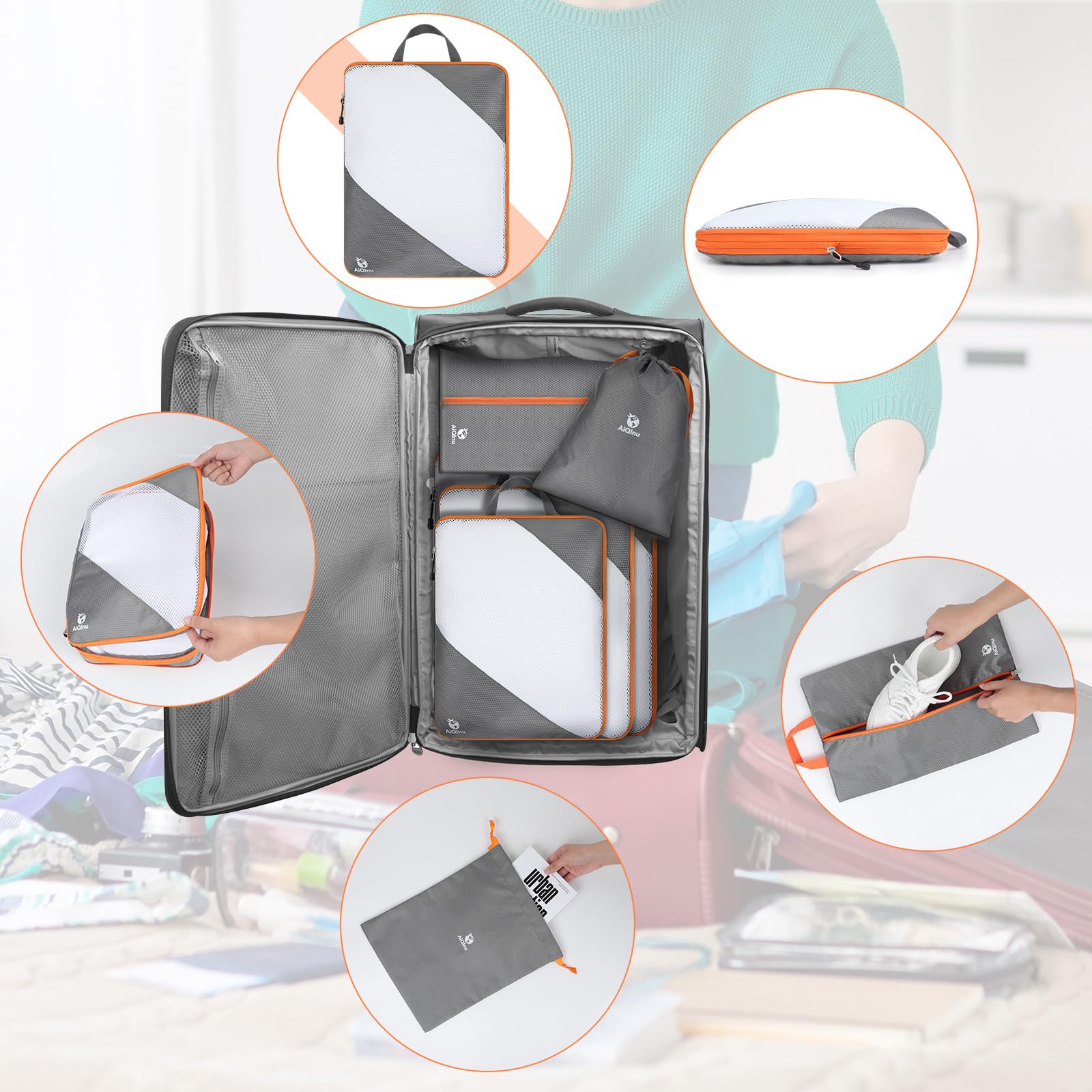 AiQInu Organizer na walizkę, zestaw 5 sztuk, opakowanie kompresyjne w kostce, oszczędność miejsca, ultralekki organizer podróżny na ubrania, buty, bieliznę do plecaków lub bagażu ręcznego