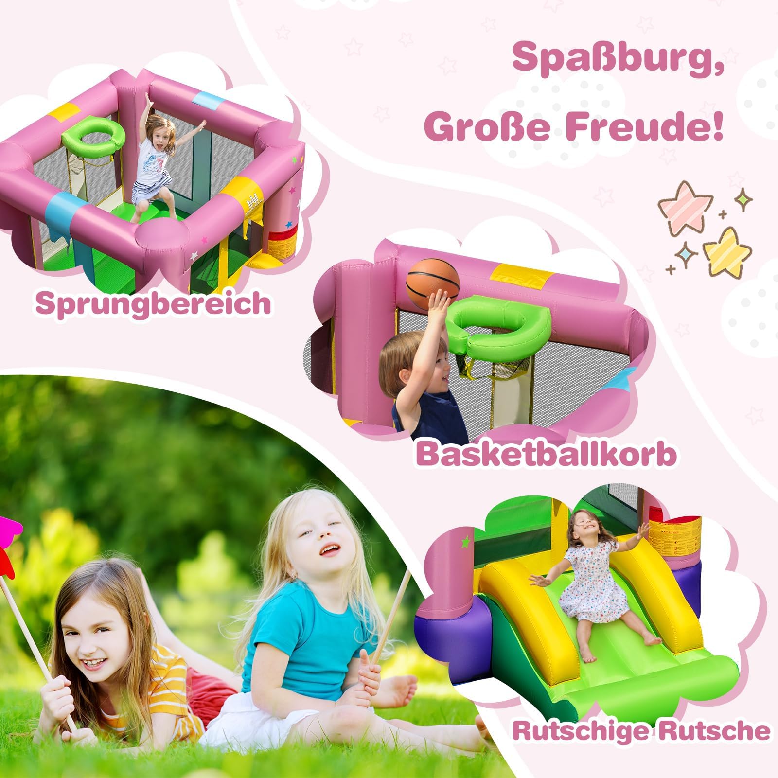 FANTASK aufblasbaren Hüpfburg, Sprungbereich & Basketballkorb, Hüpfburg mit Rutsche, Sprunghauses für Indoor und Outdoor, 240 x 174 x 143 cm