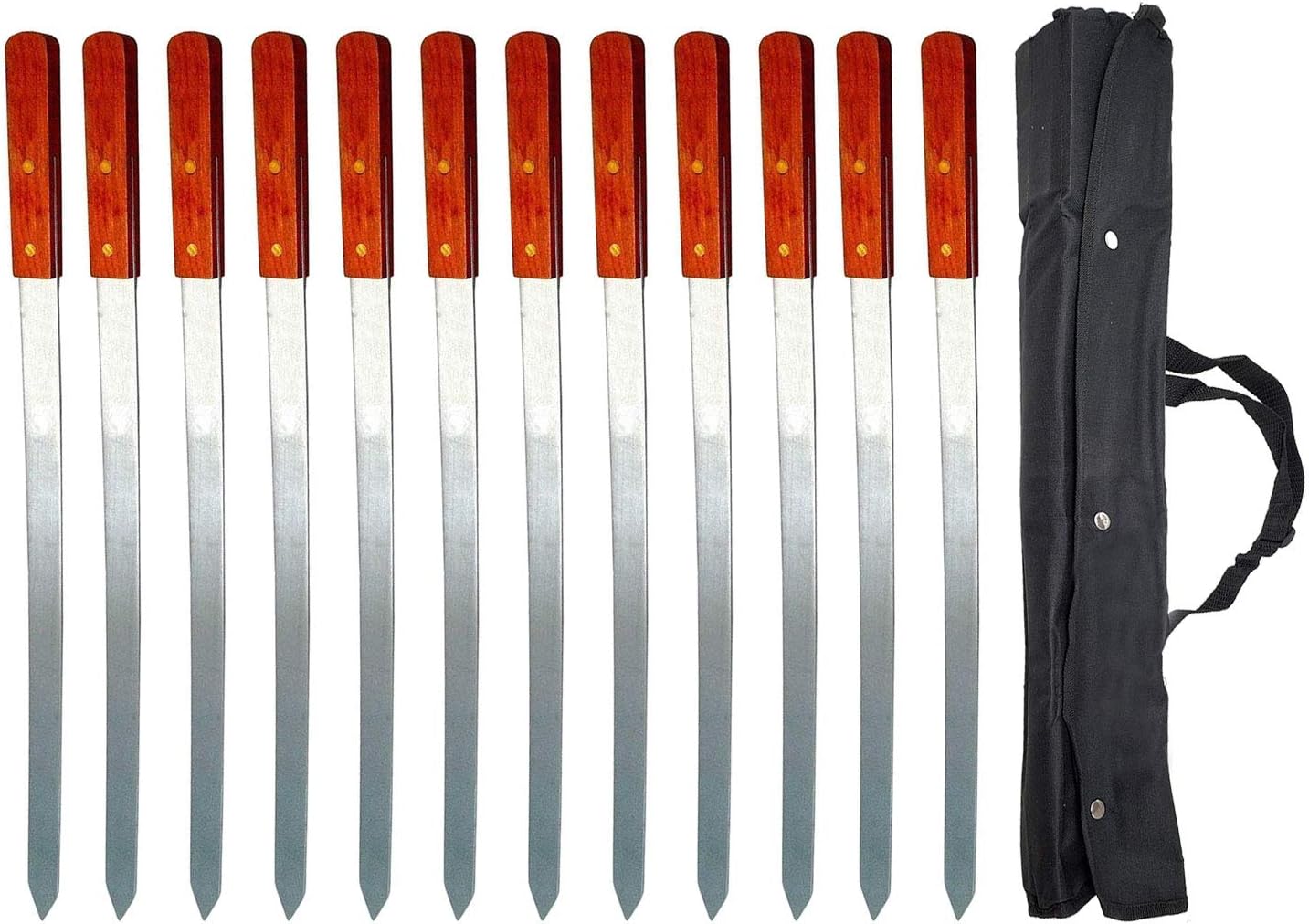 Large Flat Stainless Steel Brazilian Barbecue Style BBQ Skewers for Shish Kebab Turkish Grills & Koubideh Brazilian BBQ - 23 Inch x 1 Inch Wide with Wood Handle (12Pack)