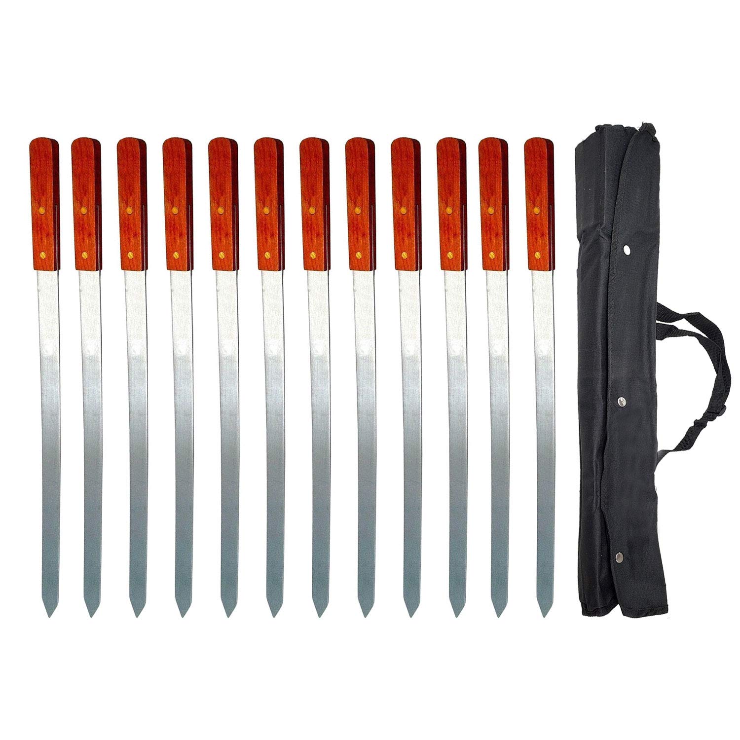 Large Flat Stainless Steel Brazilian Barbecue Style BBQ Skewers for Shish Kebab Turkish Grills & Koubideh Brazilian BBQ - 23 Inch x 1 Inch Wide with Wood Handle (12Pack)