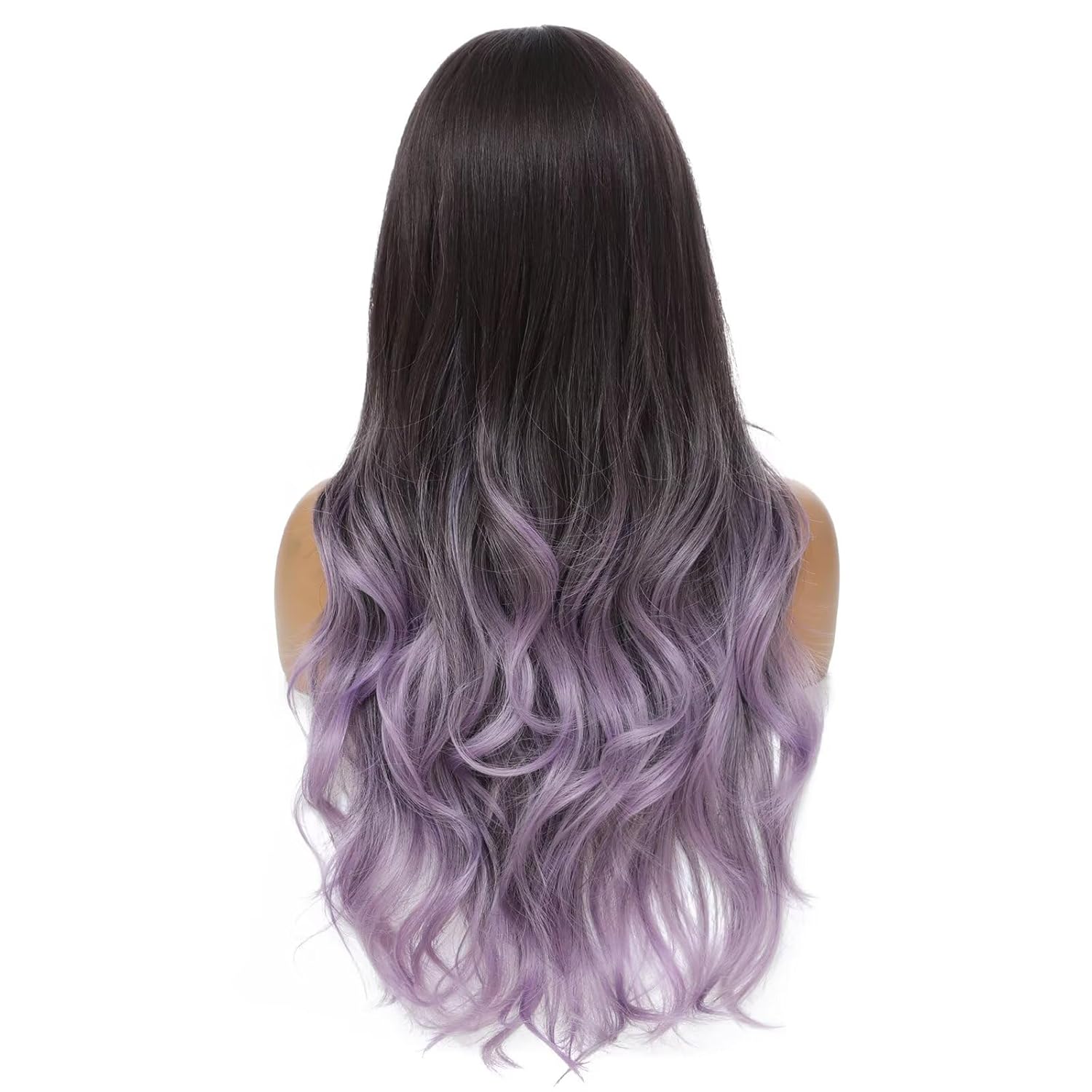 Black Light Purple Highlight Long Wavy Wig With Curtain Bang 26 Inch Ombre Ash Purple Wigs For Black Women Natural Heat Resistant Synthetic Fiber Middle Part Wig - Image 7