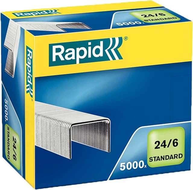 Rapid 24/6mm Standard Staples, For Stapling up to 20 Sheets, Use with Desktop and Electric Staplers, Galvanised Wire, Box of 5000, 24859800