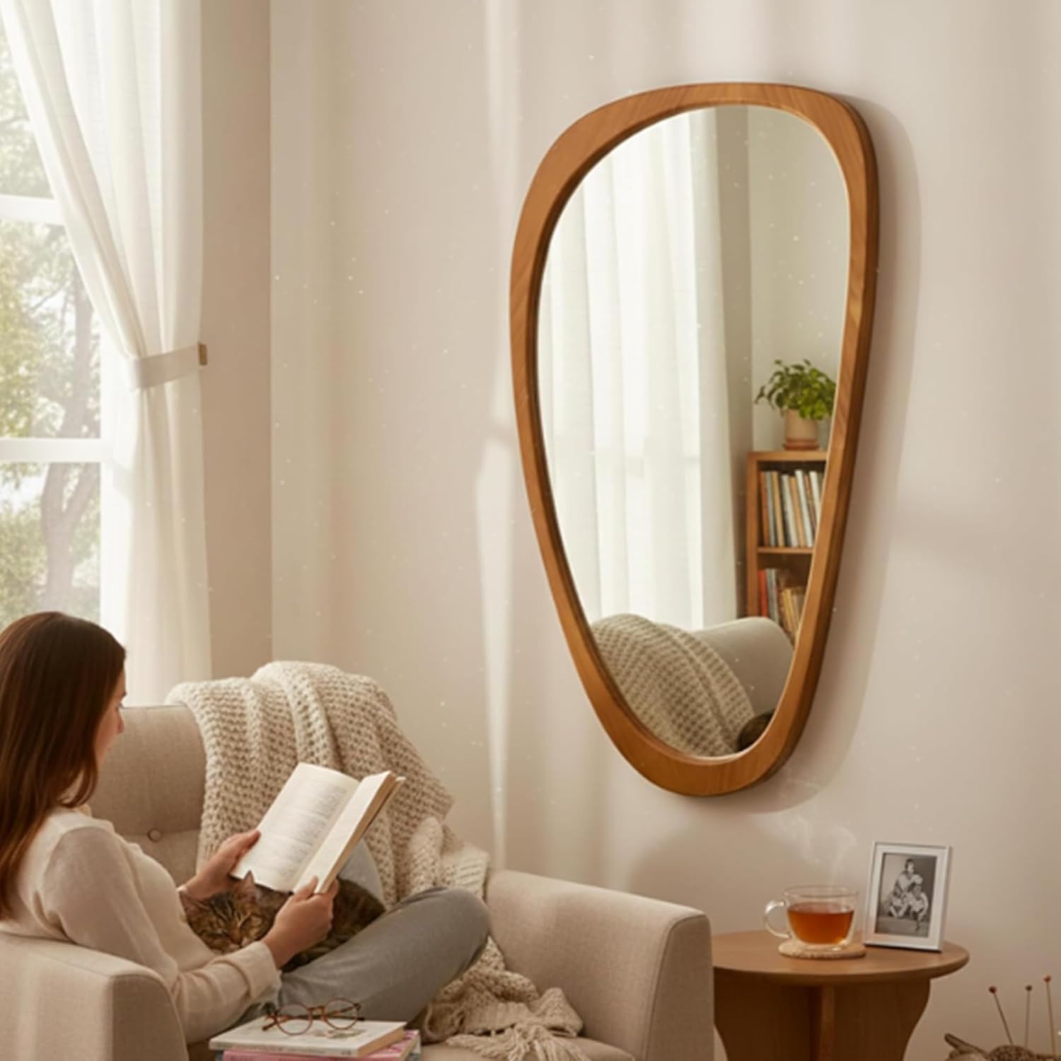 Solid Wood 48"x24" Large Aesthetic Wabi-Sabi Statement Mirror, Warm Walnut Full Length Irregular Mirror, Modern Organic Asymmetrical Wooden Wall-Mounted Mirror for Living Room, Honey Walnut