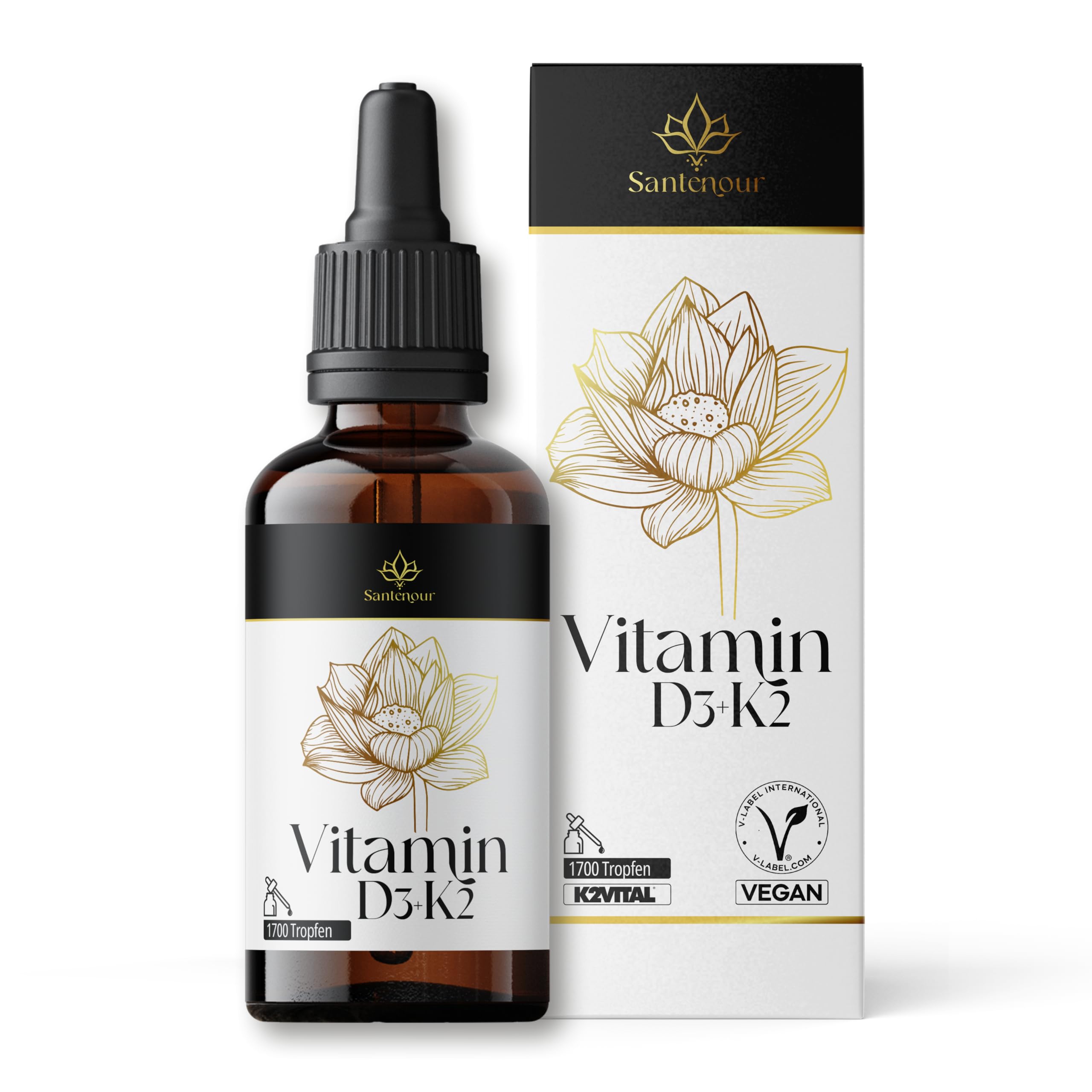 Vitamin D3 + K2 Tropfen - 50ml - 25 µg Vitamin D3 & 20 µg Vitamin K2 pro Tagesdosis - hoch bioverfügbar mit Kokosöl - vegan, alkoholfrei, ohne Gluten, Laktose, Gelatine