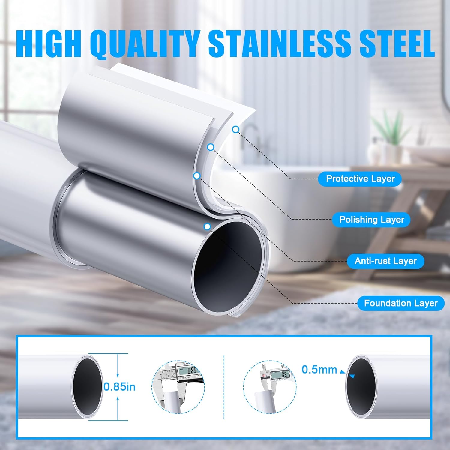 TEECK Shower Curtain Rod, 32-92 inch Adjustable Spring Tension Curtain Rod, Never Rust Anti-Slip Shower Curtain Rod for Bathroom, No Drilling, Never Collapse, Easy to Use, White