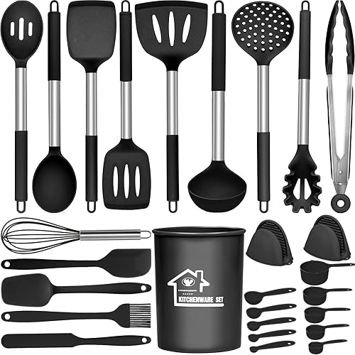 Juego de utensilios de cocina de 27 piezas, resistentes al calor, antiadherentes a 446 F, juego de utensilios de cocina con mango de acero