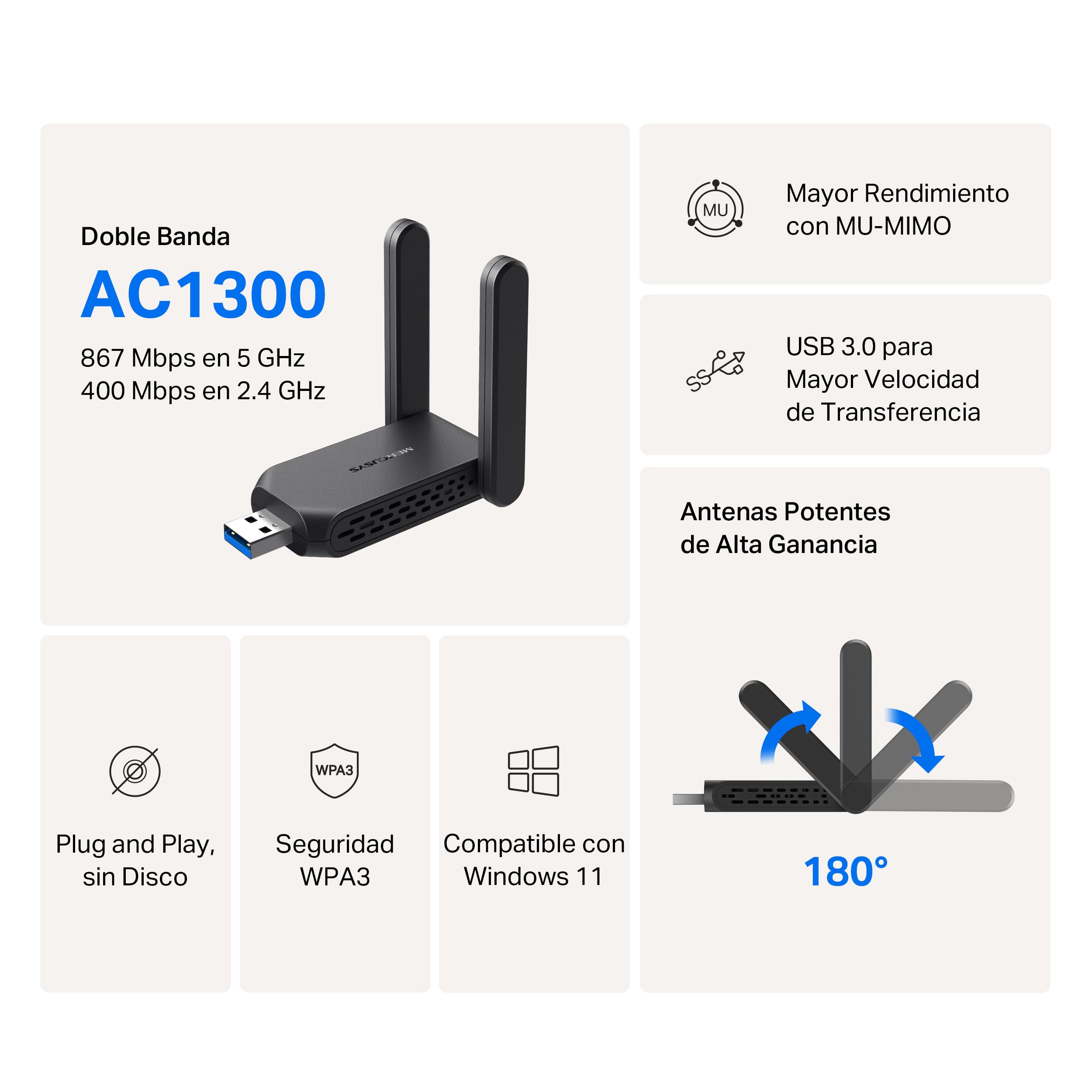 Mercusys TP-Link MA32H WiFi USB AC1300Mbps, stały klucz WiFi do komputera, 2 anteny o wysokim wzmocnieniu, dwuzakresowy 5 GHz/867 Mbps + 2,4 GHz/400 Mbps, USB 3.0, MU-MIMO, WPA3, obsługuje Windows 10