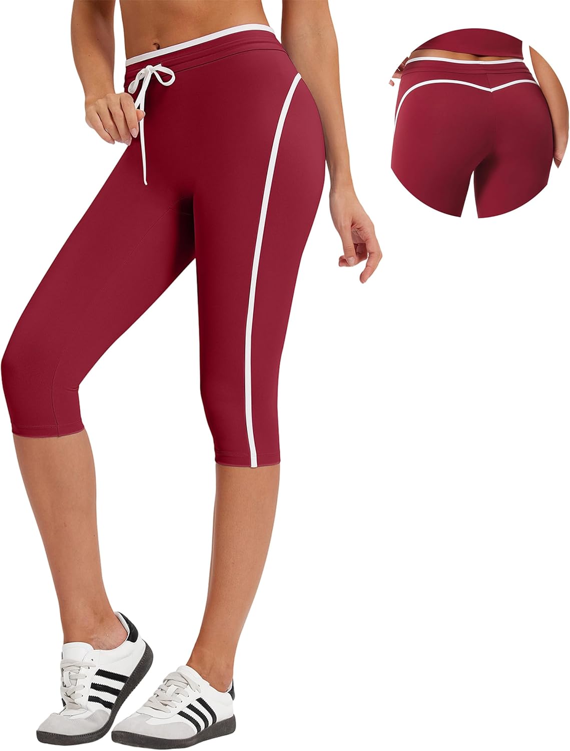 MOOSLOVER Women High Waisted Capri Leggings Drawstring Color Block Capris Stretch Compression Workout Yoga Pants