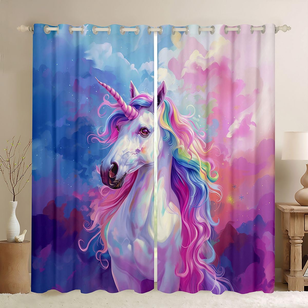 Manfei Lot de 2 rideaux de fenêtre à motif licorne mignonne, cheval, thème animal, décoration de chambre d'enfant, garçons et filles, rideaux à œillets pour chambre à coucher, 167 x 228 cm