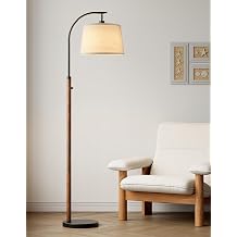 Dimmable Floor Lamp for Living Room, 65" Tall Metal Standing Lamp with LED Bulb, Mid Century Modern Arc Floor Lamp with Linen Shade for Bedroom, Reading Room, Office & Nursery, Black and Rustic Brown