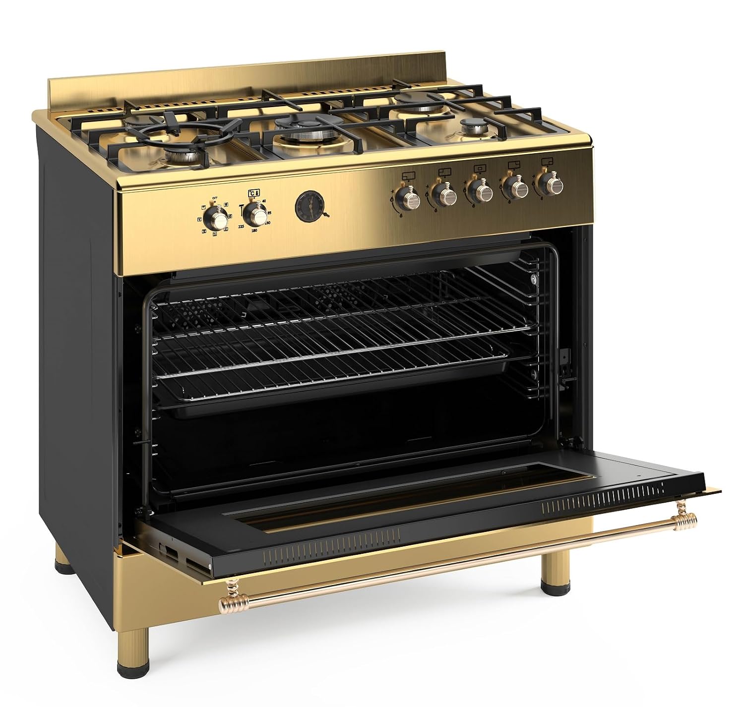 Ferre F9S50E7-GI-RETRO 90cm Dual Fuel Range Cooker With Double Turbo Fan & Wok Burner - Gold - Image 3