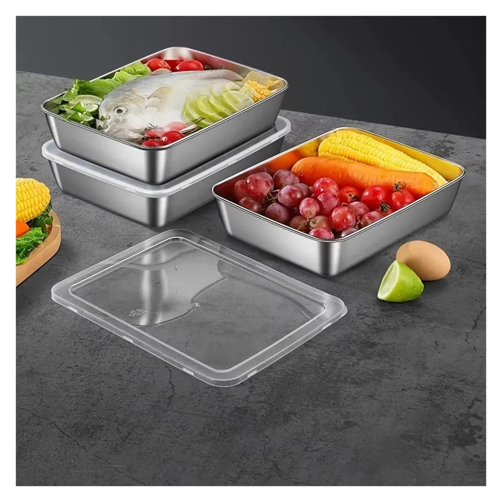 Contenitore Acciaio Inox per Alimenti Contenitori for la conservazione in acciaio inossidabile con coperchi sigillabili, impilabili, da 1/2/3 pezzi, for congelatore(3Pcs)