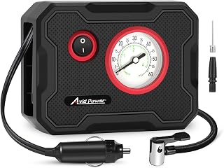 Avid Power 12V Portable Tire Inflator Air Compressor w/ Digital Gauge & LED Light - Compact Car Tire Pump for Tires, Bike, Motorcycle (Red)