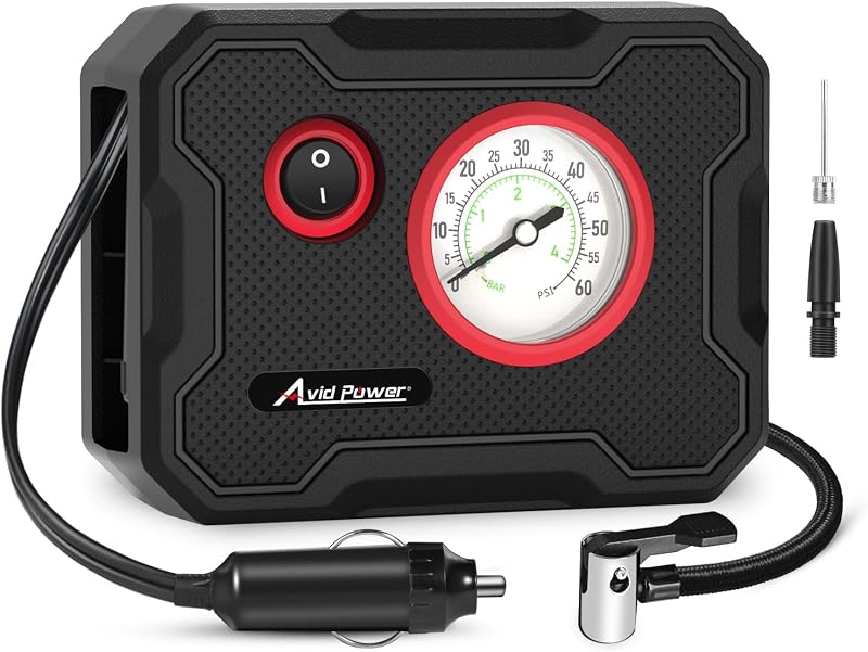 AVID POWER Compresor de aire portátil para inflar neumáticos de 12 V, ligero | Bomba de aire para neumáticos de auto, bicicleta, motocicleta, 12V CC, 9,8 pies, compacta, luz LED, indicador digital, para carretera, emergencia