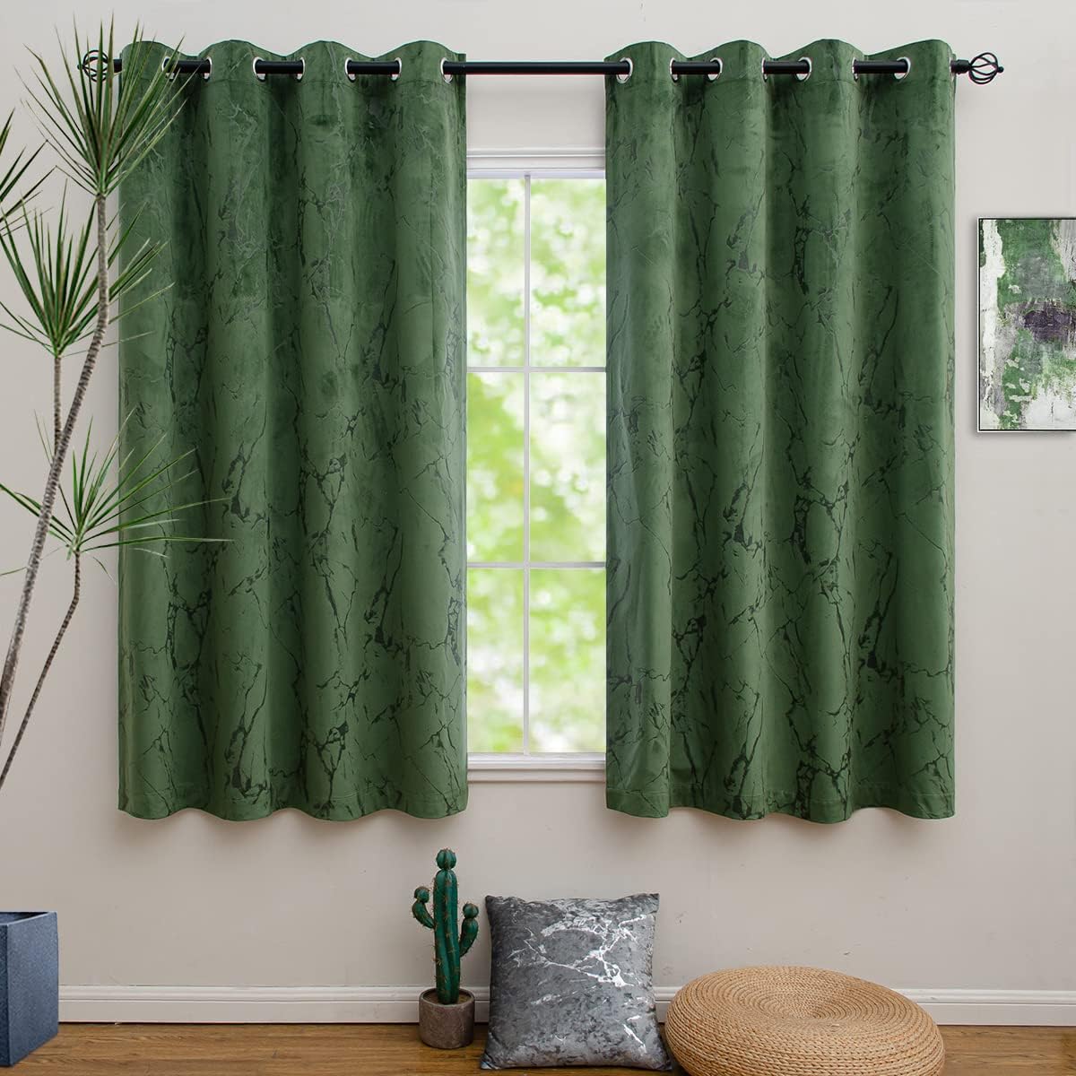Linentalks Marble Pattern Green Velvet Curtain, Olive Green Blackout ...