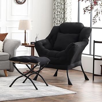 Lazy Chair with Ottoman, Large Accent Chair with Ottoman and a Throw Pillow, Black Reading Chair for Living Room Bedroom Dorm Room Office Apartment Relaxing Use