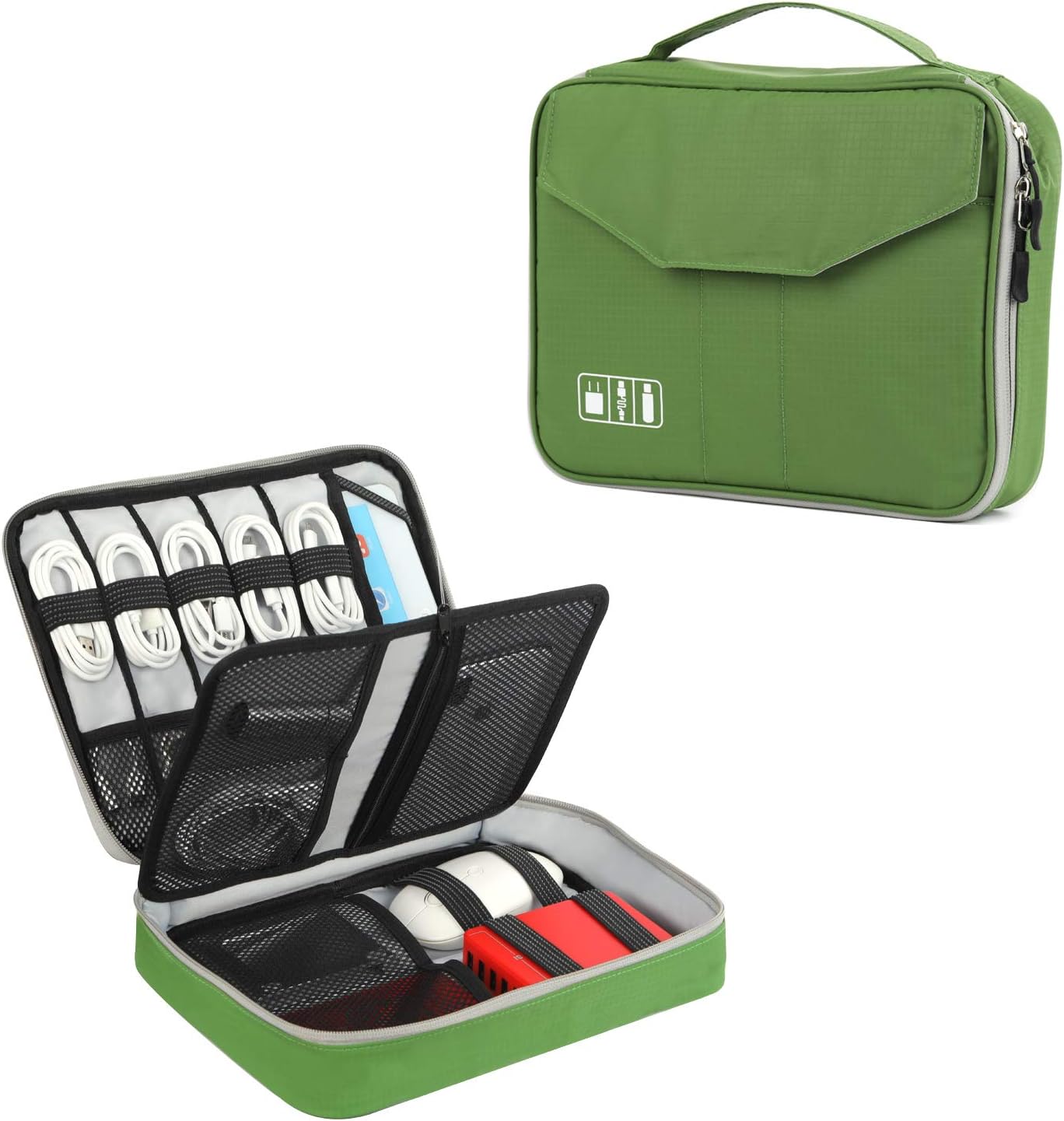 Electronics Organizer, Vivefox Double Layer Travel Bag Accessories Cable Organizer for Cords, USB Cable, SD Cards, Hard Drive, Power Bank, E-Book Kindle, iPad and More (Medium, Green)